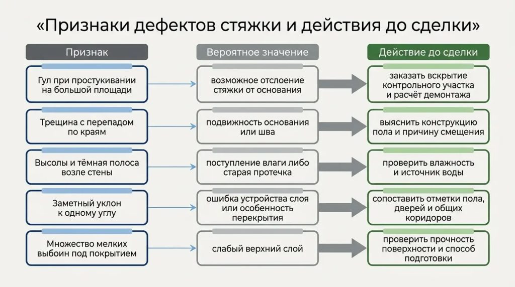 Признаки дефектов стяжки и действия до сделки