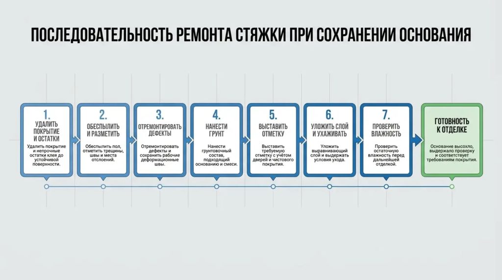 Последовательность ремонта стяжки при сохранении основания
